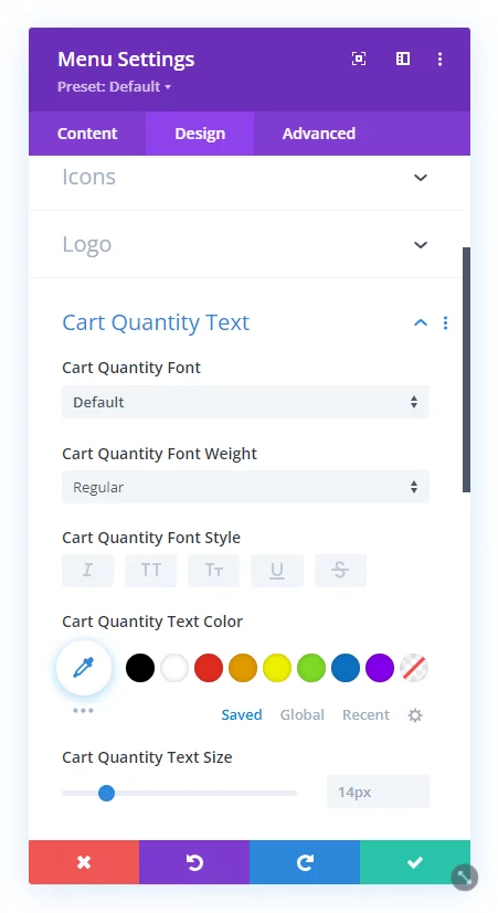 new design settings for the Menu cart quanity text