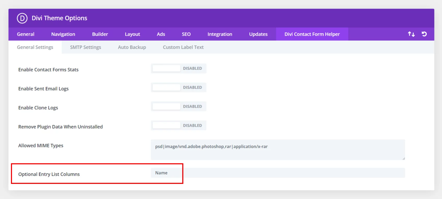 optional form entries list columns in the Divi Contact Form Helper plugin