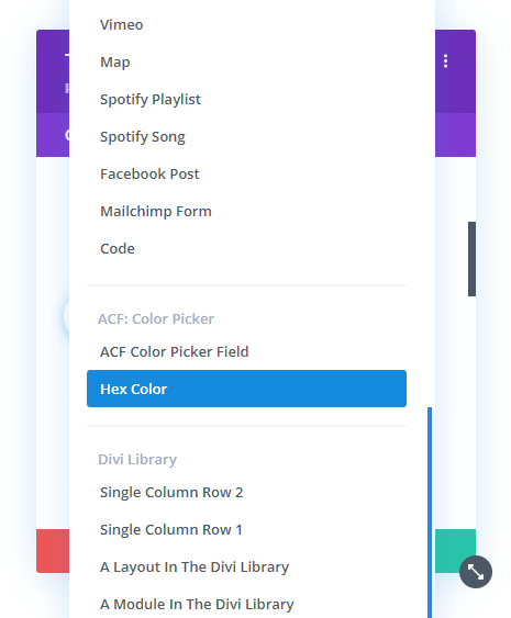 selecting the dynamic color custom field in the Divi Dynamic Helper plugin