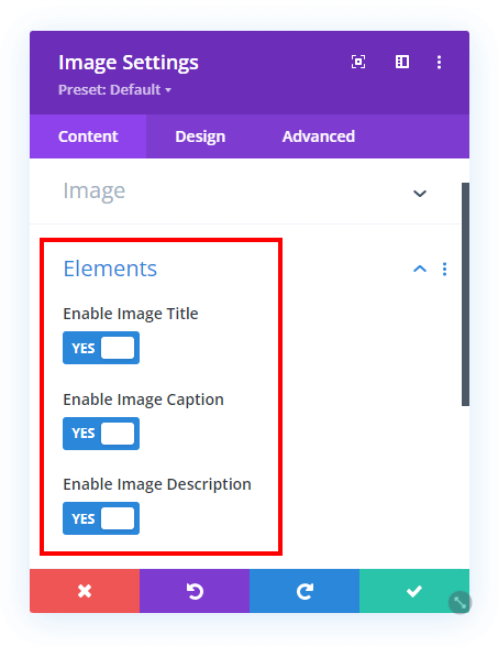 settings to show image title caption and desccription text in the Divi Image Helper plugin