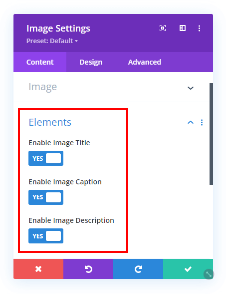 settings to show image title, caption, and desccription text in the Divi Image Helper plugin settings to show image title caption and desccription text in the Divi Image Helper plugin