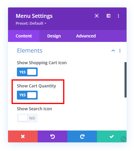show cart quanity setting in the Divi Menu module show cart quanity setting in the Divi Menu module