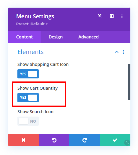 show cart quanity setting in the Divi Menu module