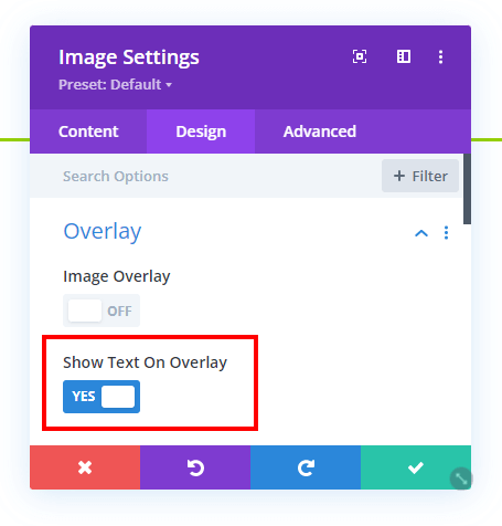 show text on overlay setting in the Divi Image Helper plugin