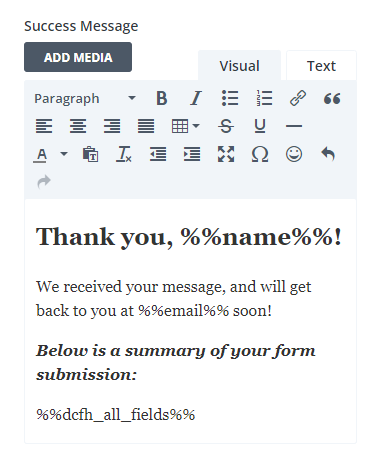 success message html rich text field editor in the Divi Contact Form Helper plugin 1