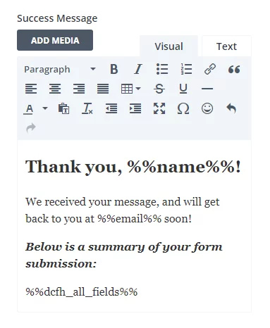 success message html rich text field editor in the Divi Contact Form Helper plugin success message html rich text field editor in the Divi Contact Form Helper plugin 1