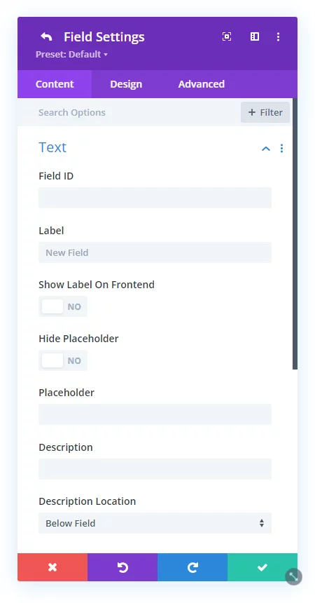 text screen when adding a new field using the Divi Contact Form Helper plugin
