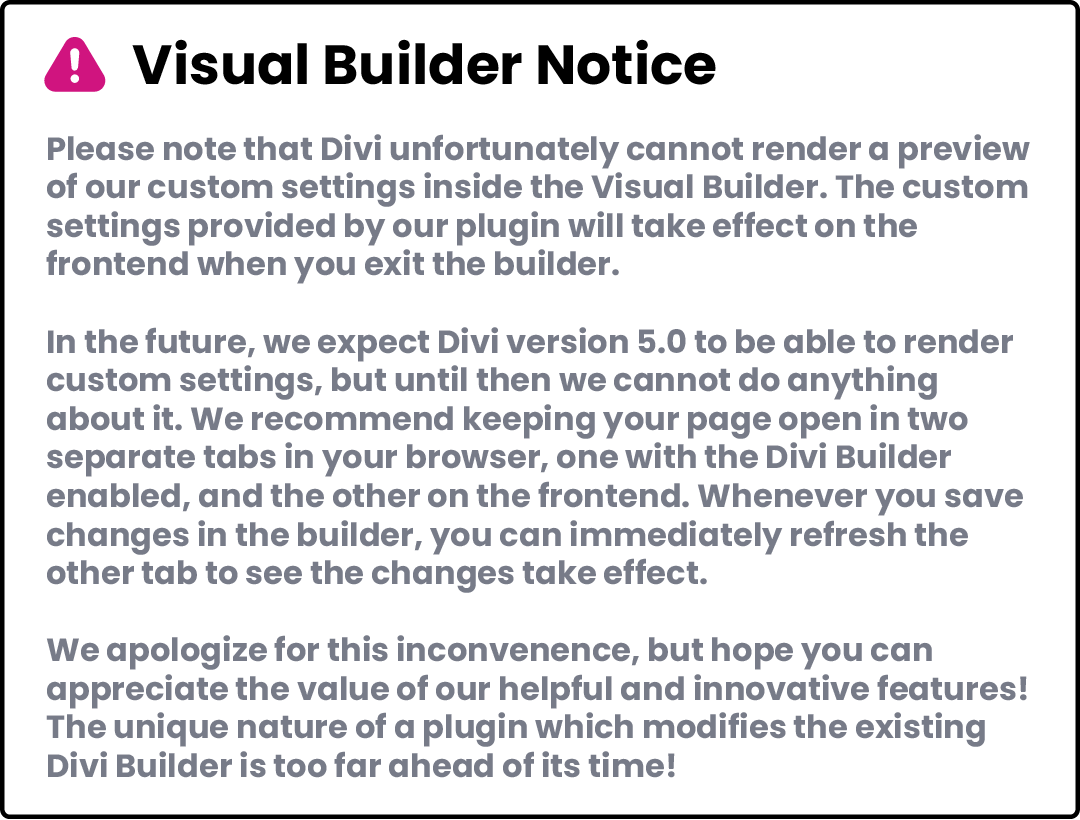 Visual Builder Notice for Pee Aye Creative Plugins