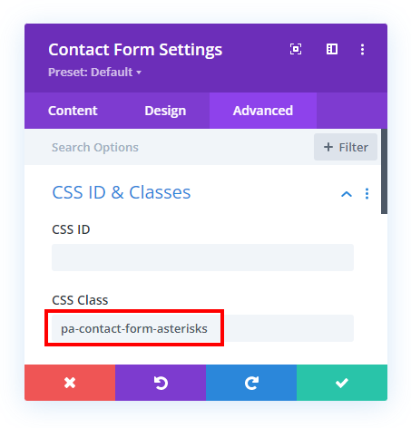 add CSS class to the Divi Contact form module to add asterisks to required fields