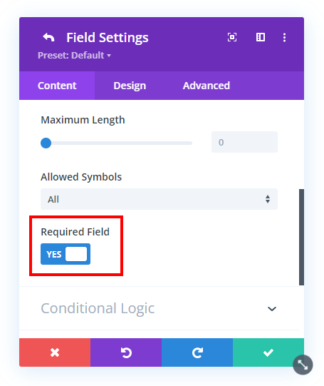 required field setting in the Divi Contact Form module