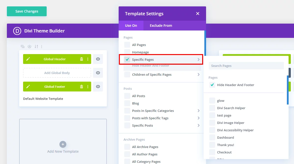select a specific page to show or hide the header in Divi Theme Builder