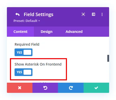 show asterisks on frontend setting for required fields in the Divi Contact Form Helper plugin