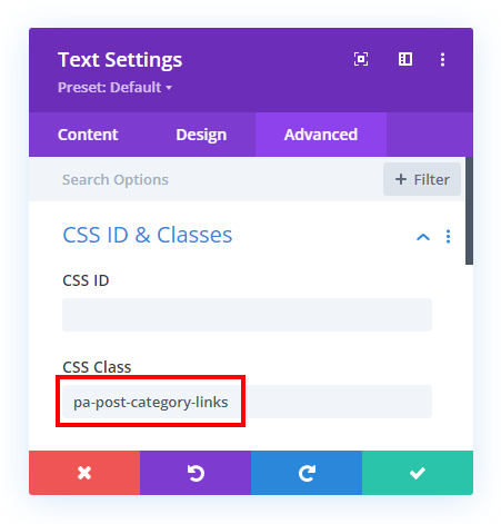 add css class to style the Divi blog post category links as buttons