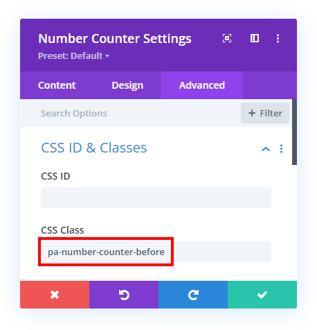 add css class to the Divi number counter to extend the values