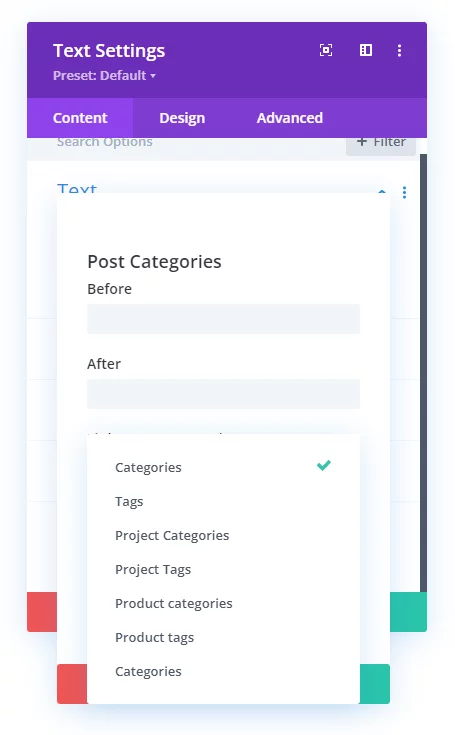 category type options in Divi dynamic content for post categories category type options in Divi dynamic content for post categories