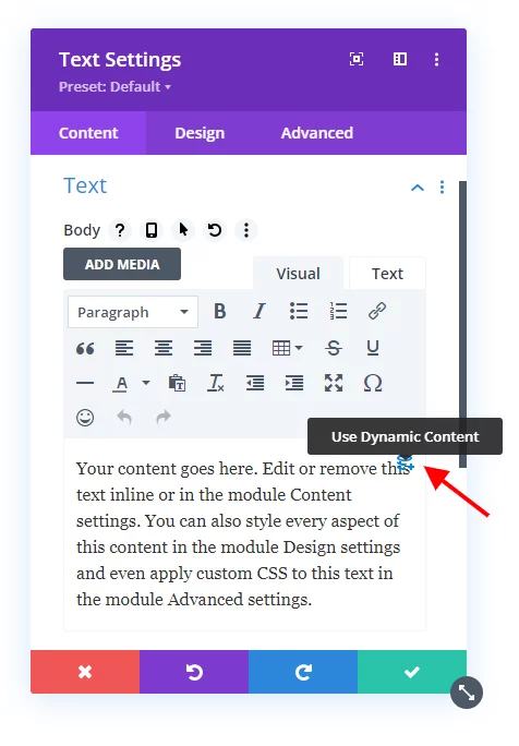 click the dynamic content icon in the Divi text module to add blog post category links click the dynamic content icon in the Divi text module to add blog post category links