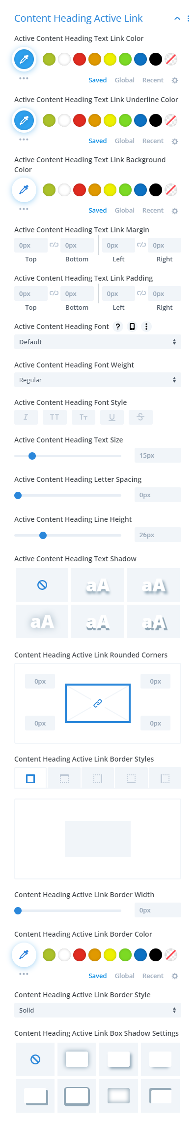 content heading active link settings in the Divi Table of Contents Maker module plugin 1.2 by Pee Aye Creative