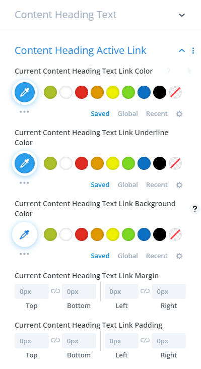content heading active link settings in the Divi Table of Contents Maker module plugin by Pee Aye Creative