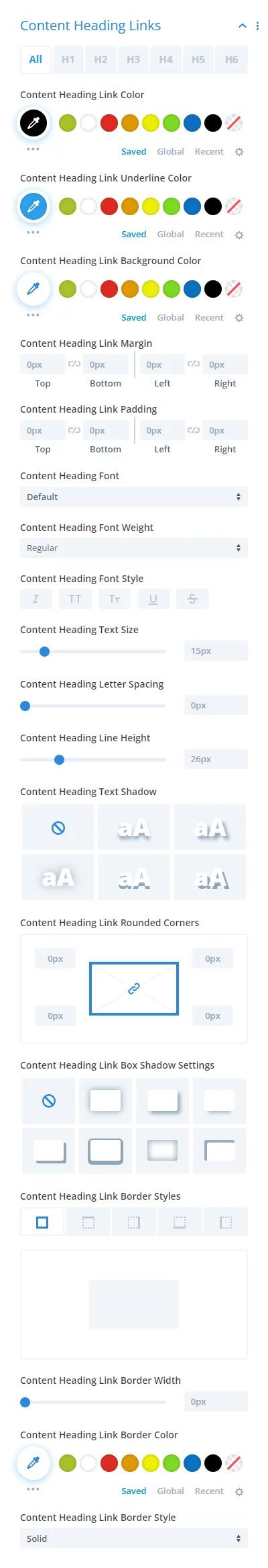 content heading links settings in the Divi Table of Contents Maker module plugin 1.2 by Pee Aye Creative