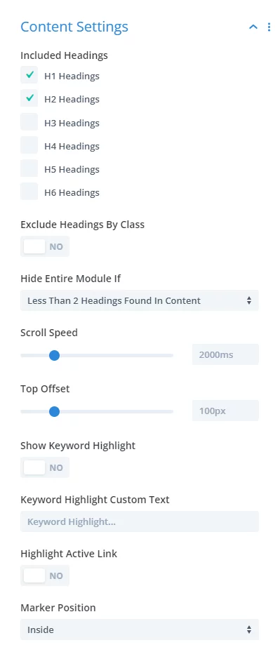 content settings in the Divi Table of Contents Maker module plugin 1.2 by Pee-Aye Creative content settings in the Divi Table of Contents Maker module plugin 1.2 by Pee Aye Creative