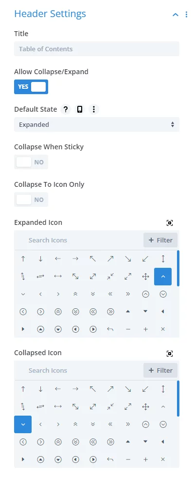 header settings in the Divi Table of Contents Maker module plugin 1.2 by Pee Aye Creative