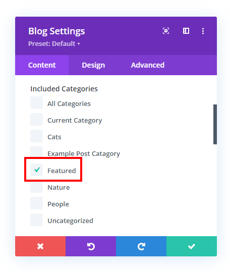 select the featured category in the Divi blog module to display the featured blog post