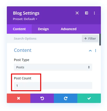 seting the featured Divi blog post to post count 1 seting the featured Divi blog post to post count 1