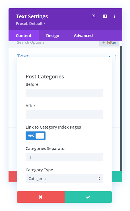 showing the dynamic content options in the Divi post categories