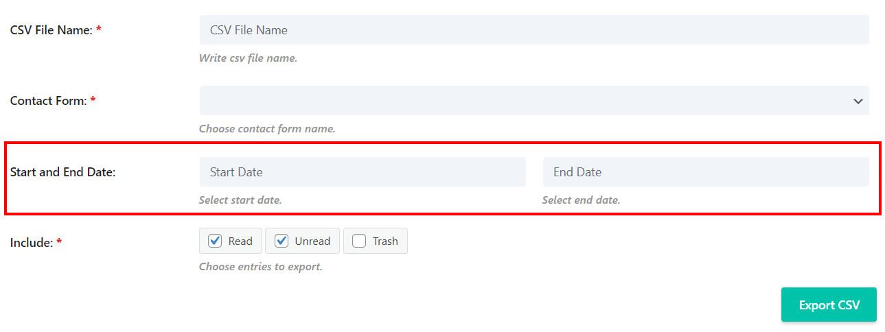 start and end date for CSV entry export in the Divi Contact Form Helper Plugin by Pee Aye Creative