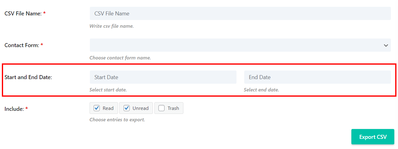 start and end date for CSV entry export in the Divi Contact Form Helper Plugin by Pee-Aye Creative start and end date for CSV entry export in the Divi Contact Form Helper Plugin by Pee Aye Creative