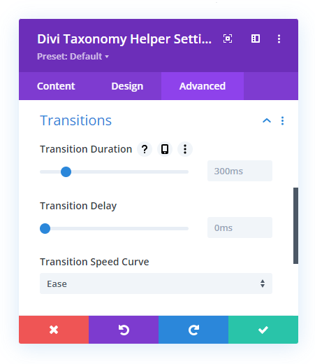transition affects settings in the Taxonomies module in the Divi Taxonomy Helper plugin