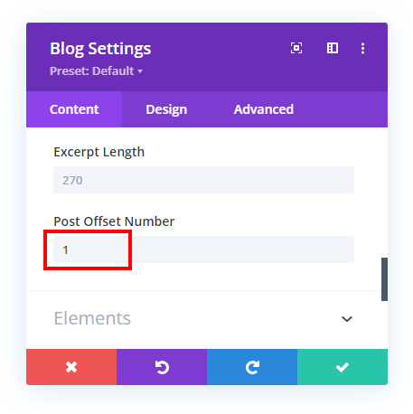 using the post offset number to create a featured blog post in Divi