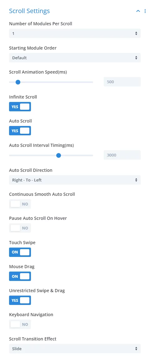 Scroll Settings in the Divi Carousel Maker by Pee Aye Creative 2.0