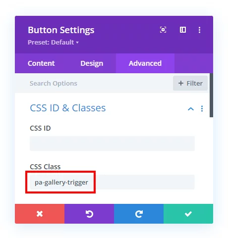 add css class to click trigger open a Divi gallery from button image or link