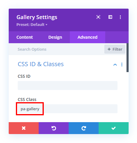 add css class to open a Divi gallery from button image or link click