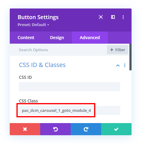 adding a CSS class in a button module to click to scroll to a specific module in the Divi Carousel Maker plugin