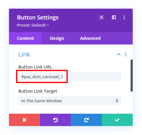 adding the carousel ID to the button module to scroll to a specific slide in the Divi Carousel Maker plugin