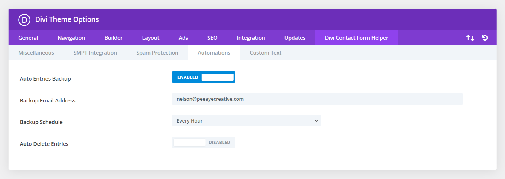 auto backup entries in the Divi Contact Form Helper Plugin by Pee Aye Creative