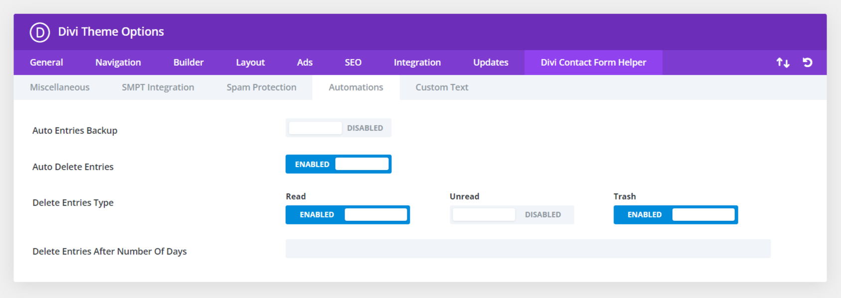 auto delete entries in the Divi Contact Form Helper Plugin by Pee Aye Creative