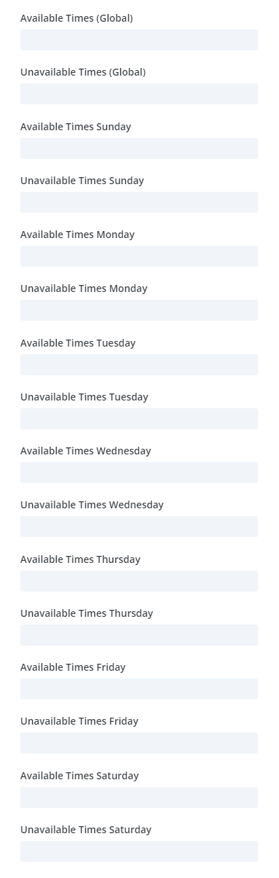 available and unavailable times per day of the week settings in the Divi Contact Form Helper plugin