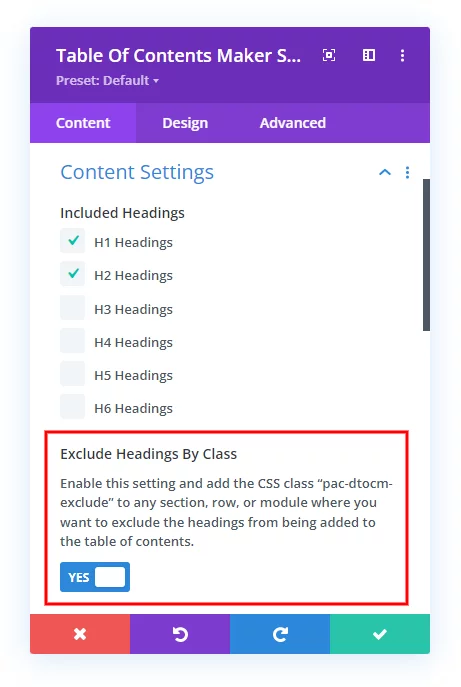 how to exclude heading in the Divi Table of Contents Maker module plugin by Pee Aye Creative