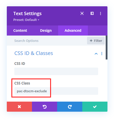 how to exclude headings in the Divi Table of Contents Maker with CSS class