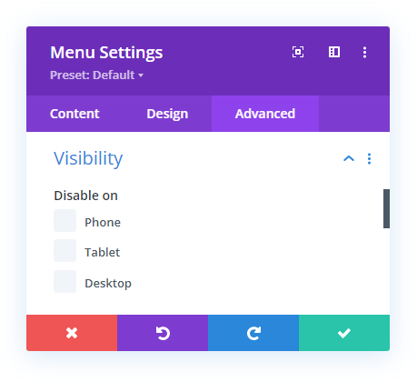 using visibility conditions to show a different menu per device in Divi