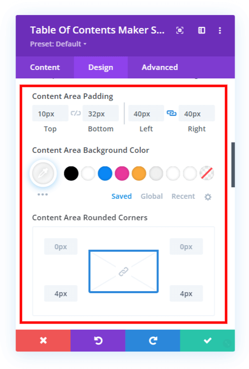 set the Divi table of contents content area padding background color and border radius
