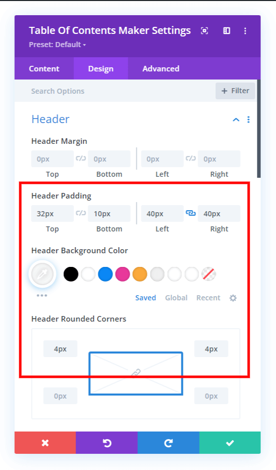 set the Divi table of contents header padding background color and border radius