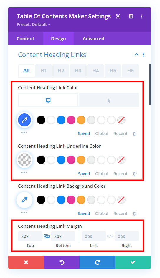 set the Divi table of contents heading links hover color and margin