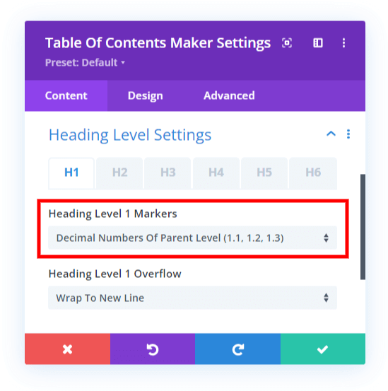 set the heading level markers to decimals in the Divi table of contents