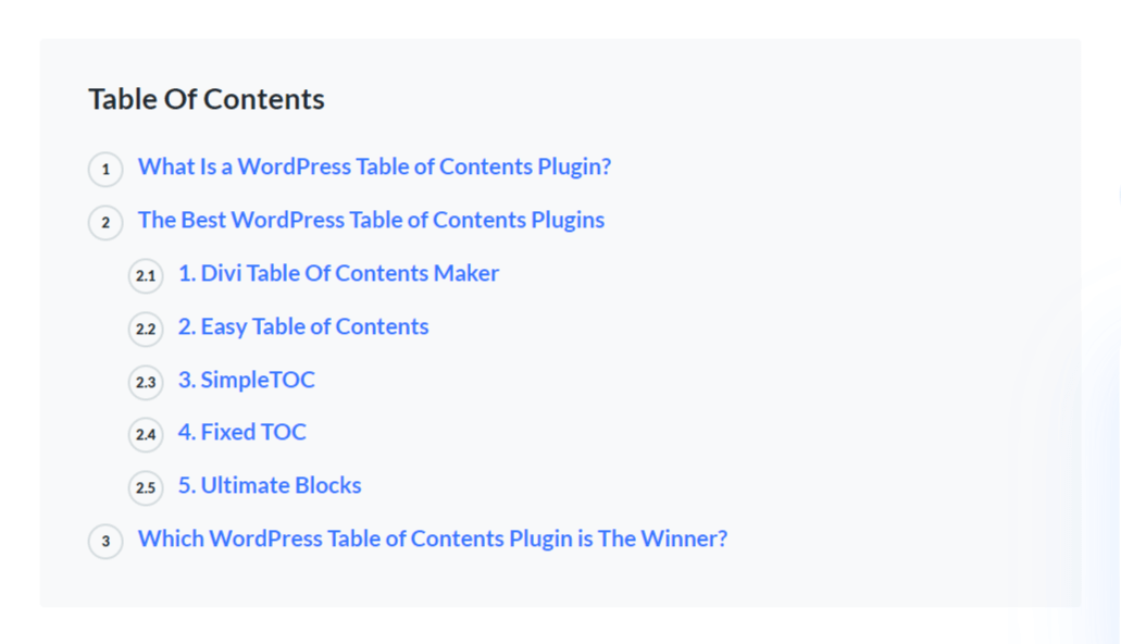 table of contents styling on the Elgant Themes blog