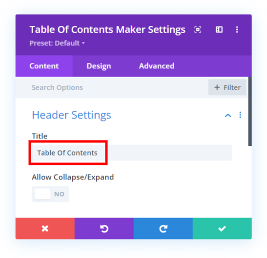 write custom title for the Divi table of contents