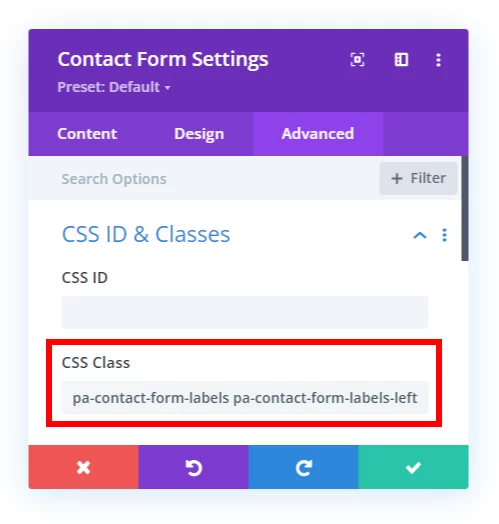 add CSS class for moving the Divi contact form labels to the left side
